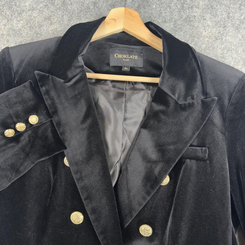 Choklate Paris Blazer Womens 42‎ Black Velvet Double Breasted Gold Buttons